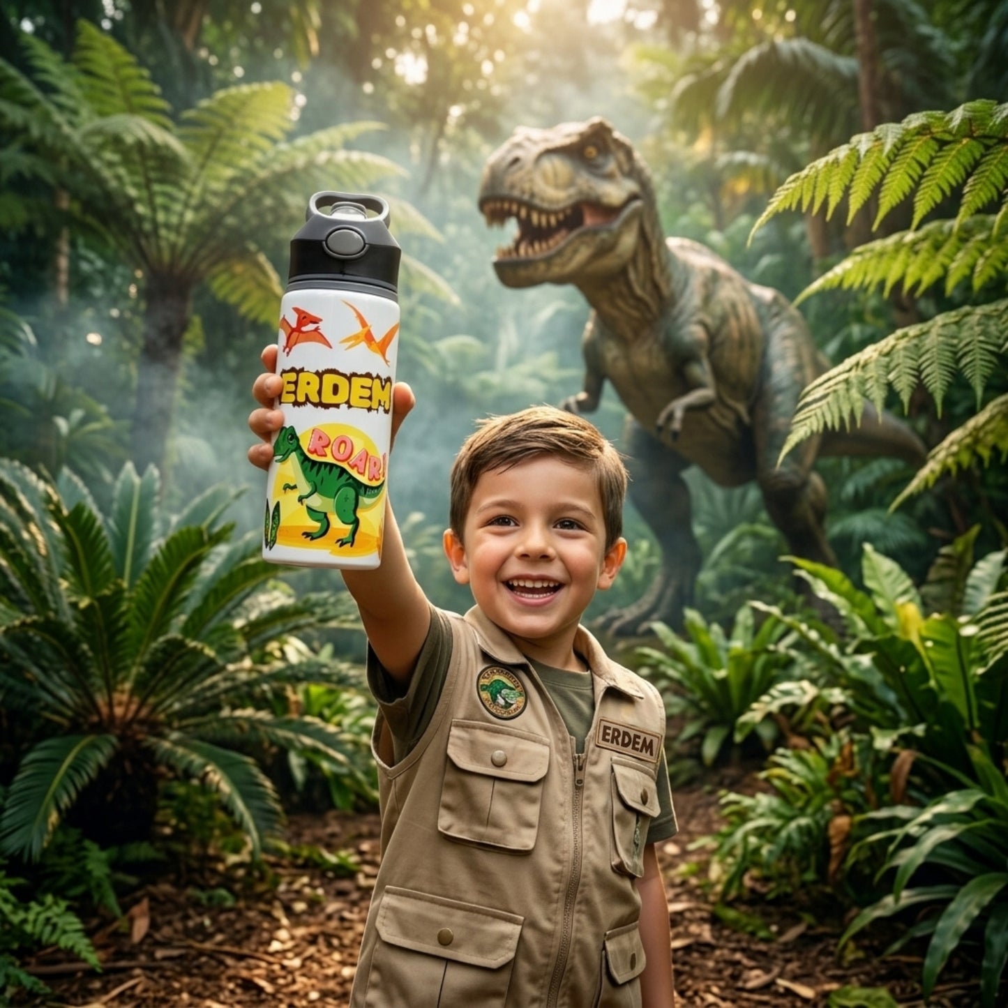 Dinozor Temalı İsme Özel Alüminyum Pipetli Suluk Matara 650 ml