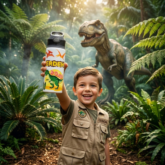 Dinozor Temalı İsme Özel Alüminyum Pipetli Suluk Matara 650 ml