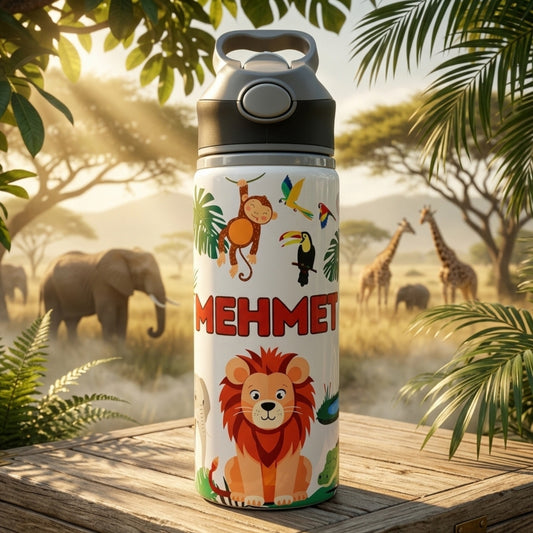 Safari Orman Hayvanları Temalı İsme Özel Alüminyum Pipetli Suluk Matara 650 ml