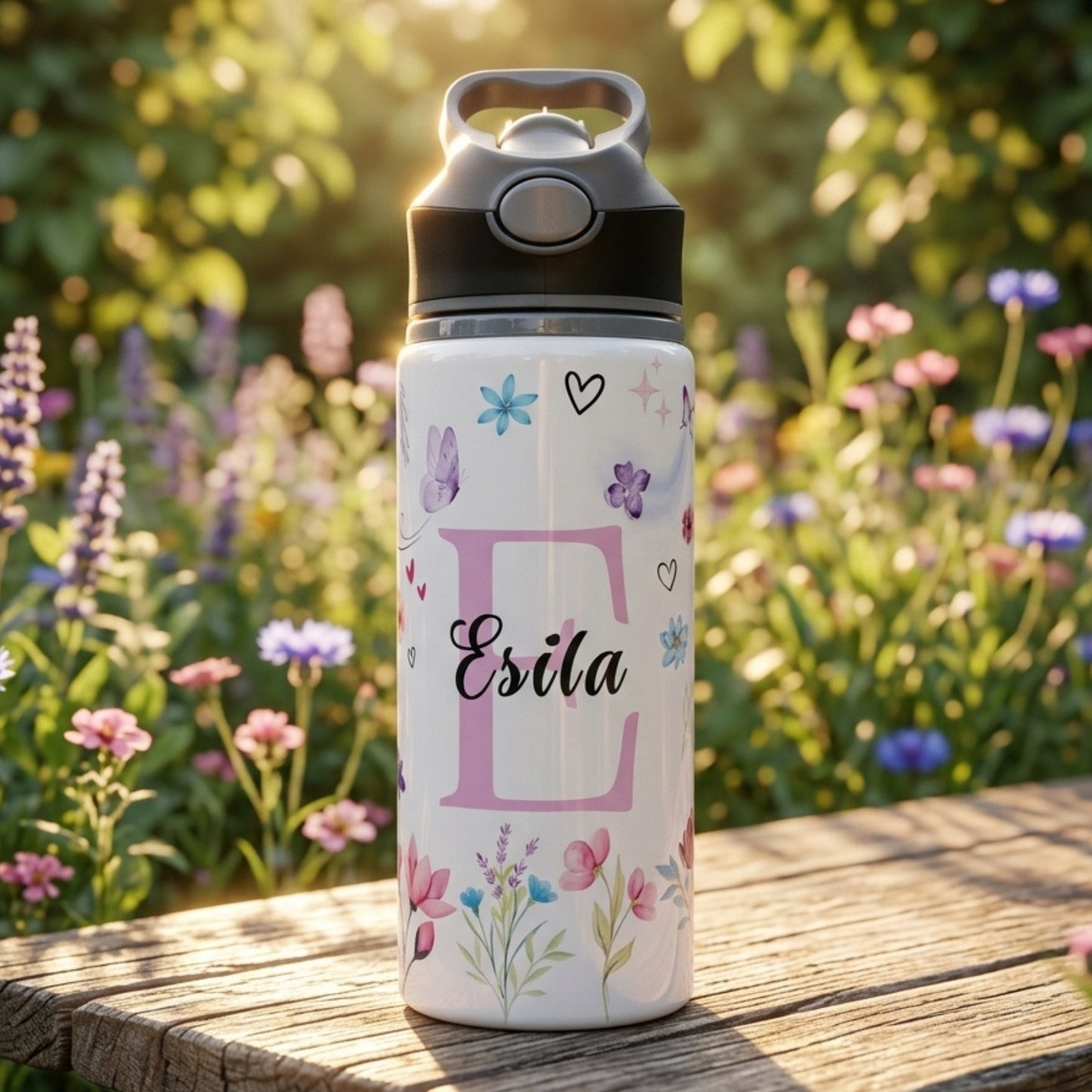 Çiçekli Unicorn Temalı İsme Özel Alüminyum Pipetli Suluk Matara 650 ml