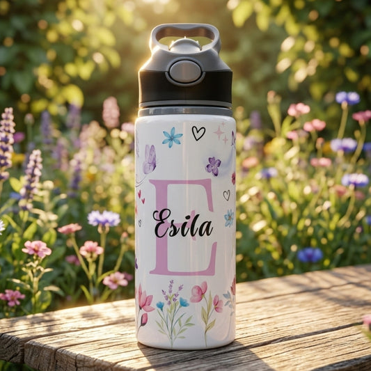 Çiçekli Unicorn Temalı İsme Özel Alüminyum Pipetli Suluk Matara 650 ml