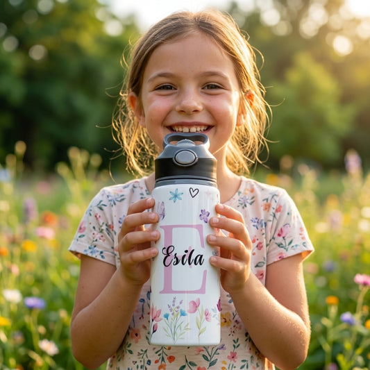 Çiçekli Unicorn Temalı İsme Özel Alüminyum Pipetli Suluk Matara 650 ml
