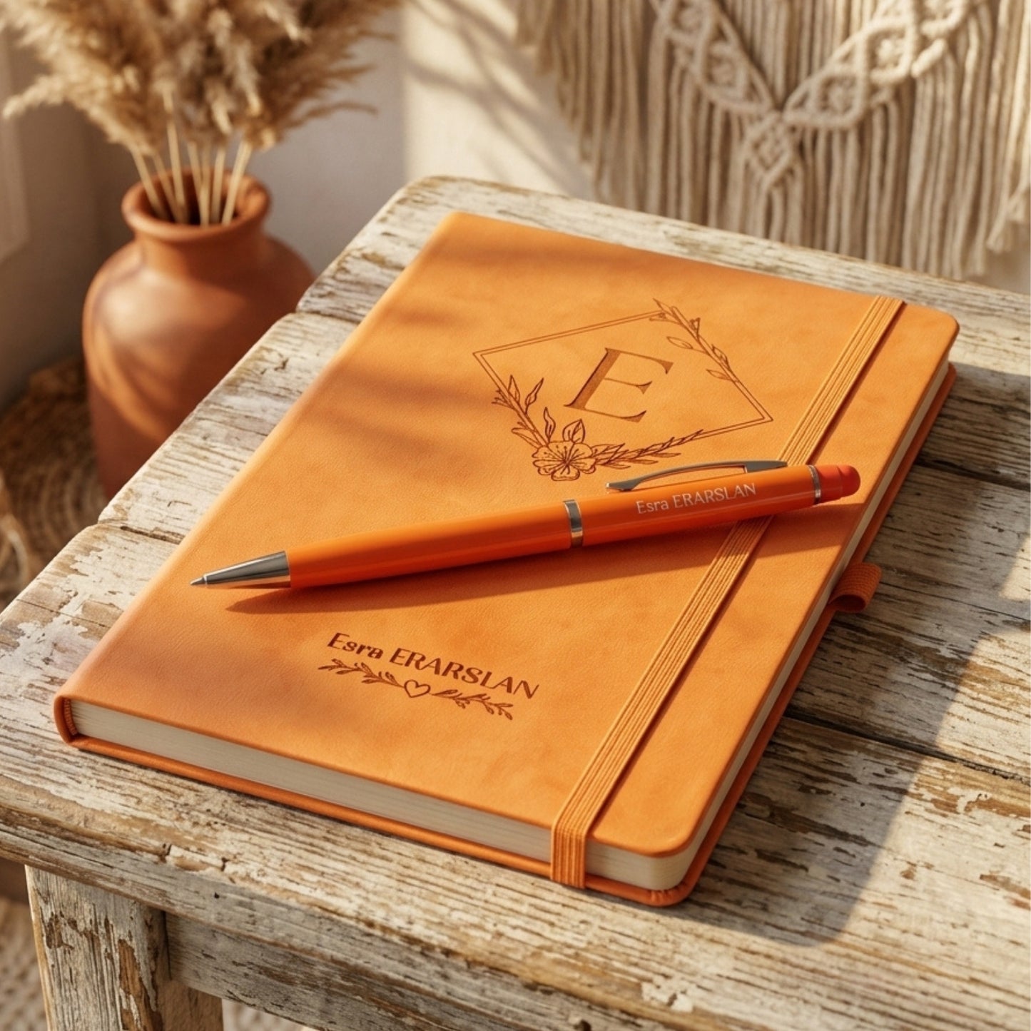 İsme Özel Turuncu Deri Defter ve Kalem Seti