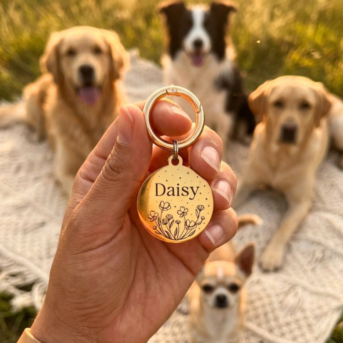 İsme Özel Çelik Kedi Köpek İsimlik Künyesi - Çiçek Desenli (Gold)