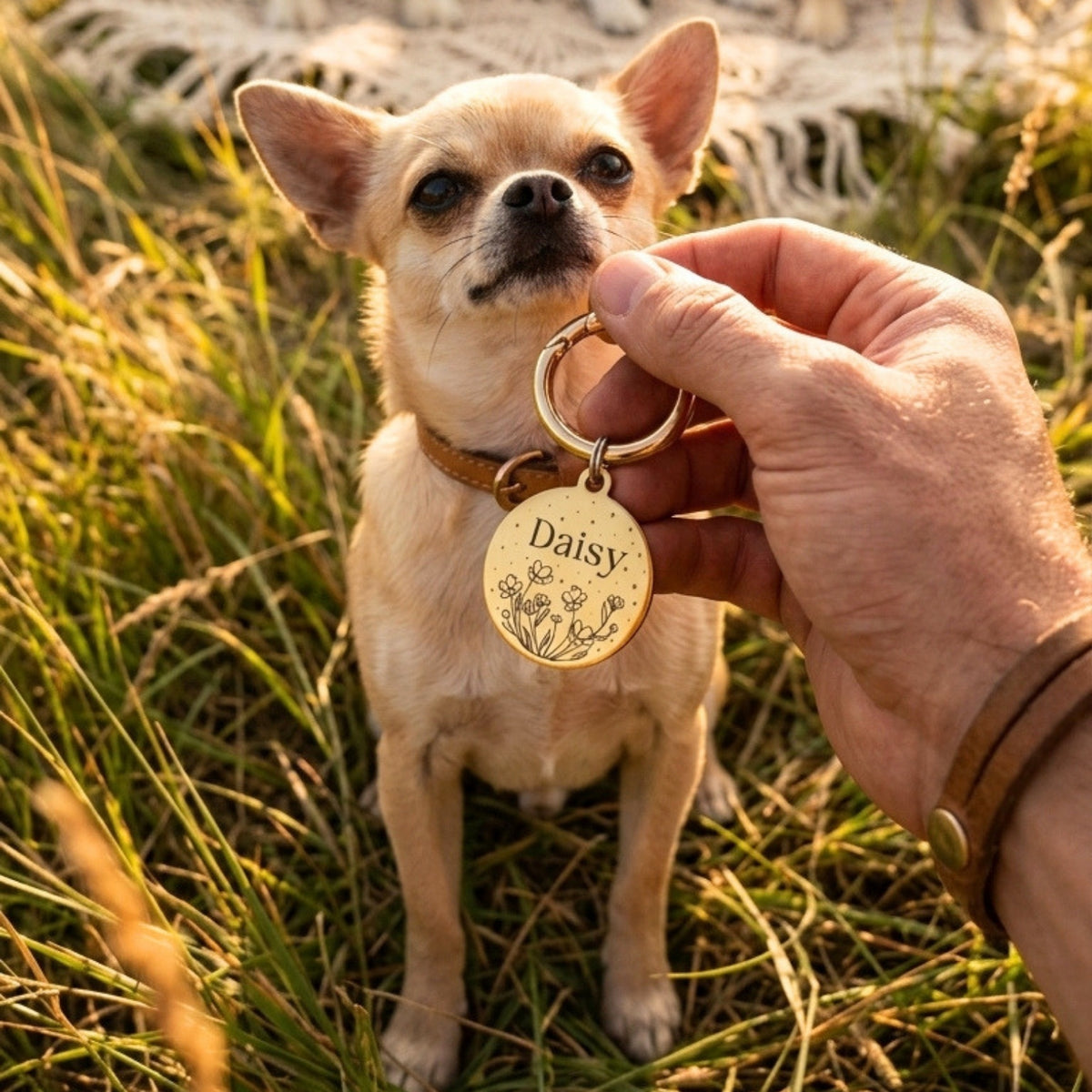 İsme Özel Çelik Kedi Köpek İsimlik Künyesi - Çiçek Desenli (Gold)