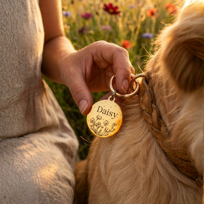 İsme Özel Çelik Kedi Köpek İsimlik Künyesi - Çiçek Desenli (Gold)