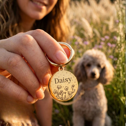 İsme Özel Çelik Kedi Köpek İsimlik Künyesi - Çiçek Desenli (Gold)